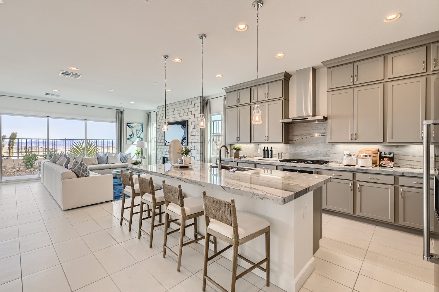 A kitchen with a large island.