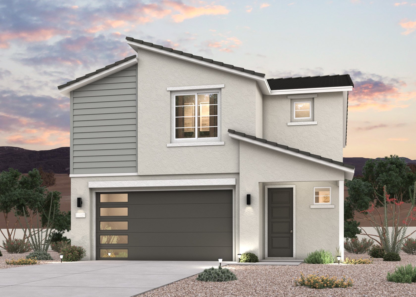 A twilight rendering of a 2-story new home in Buckeye, AZ at Manzanita at Teravalis by Century Communities.
