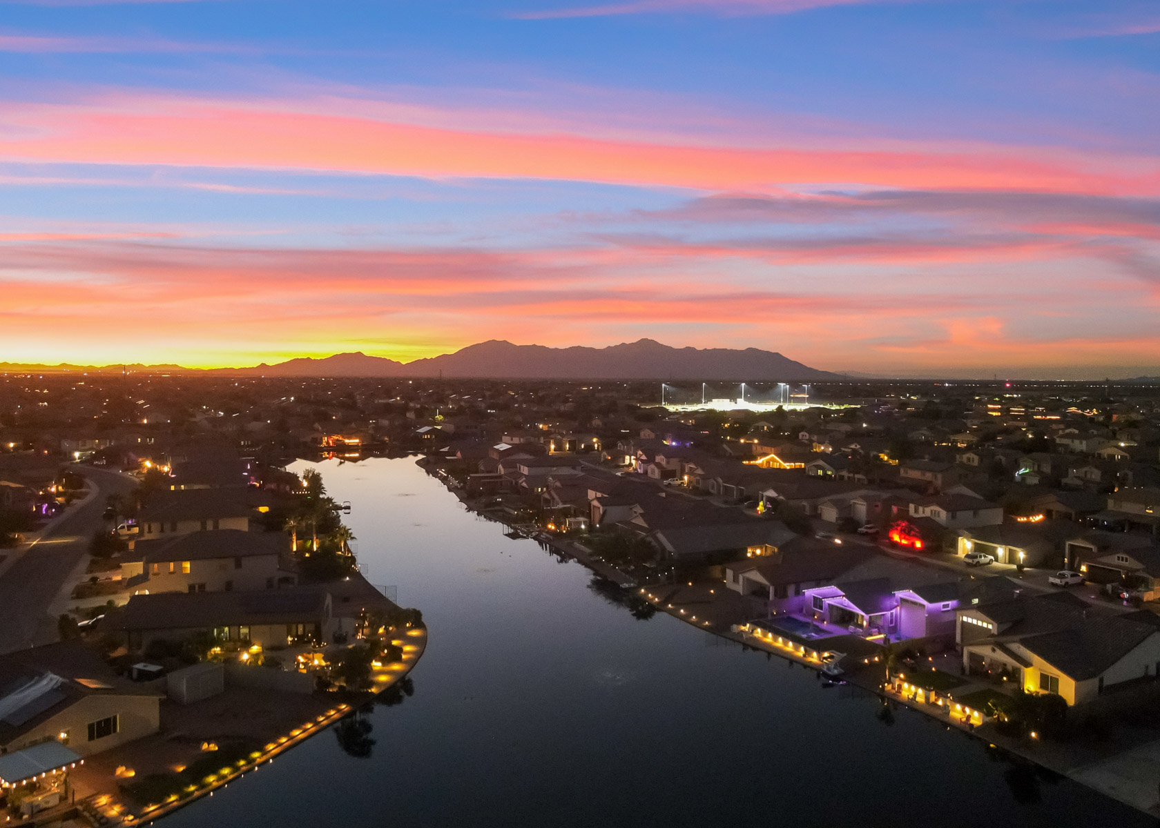 A city with lights at night.
