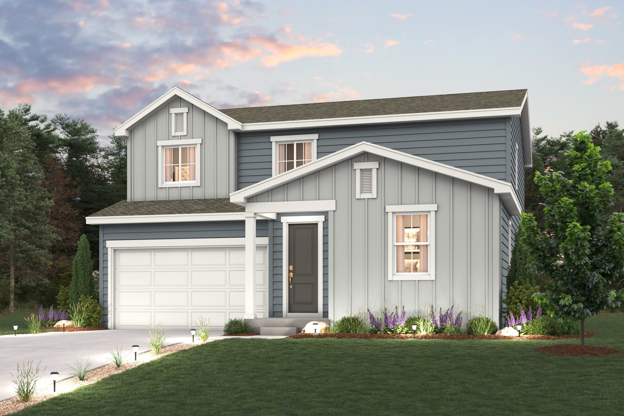 Marion Elevation A rendering with landscaping and exterior paint colors 