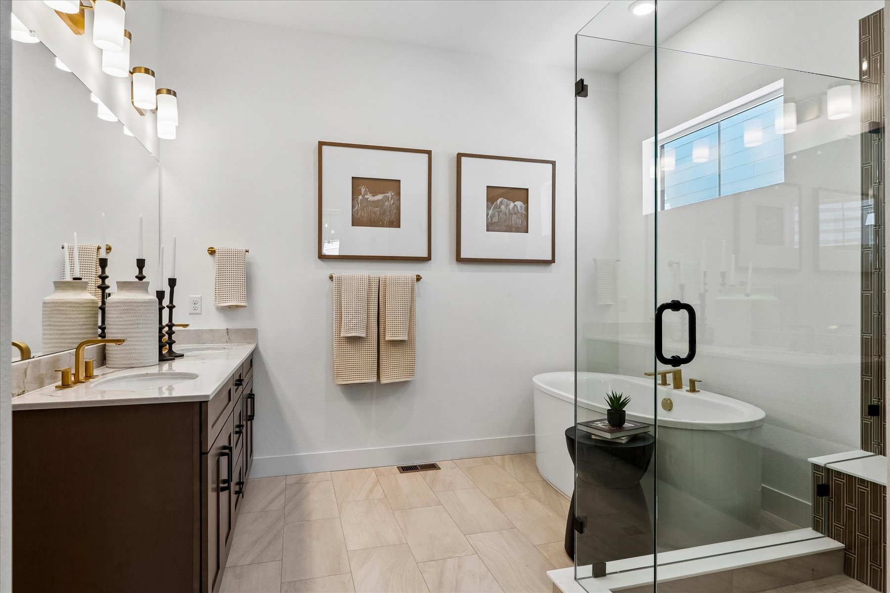 A bathroom with a glass shower.