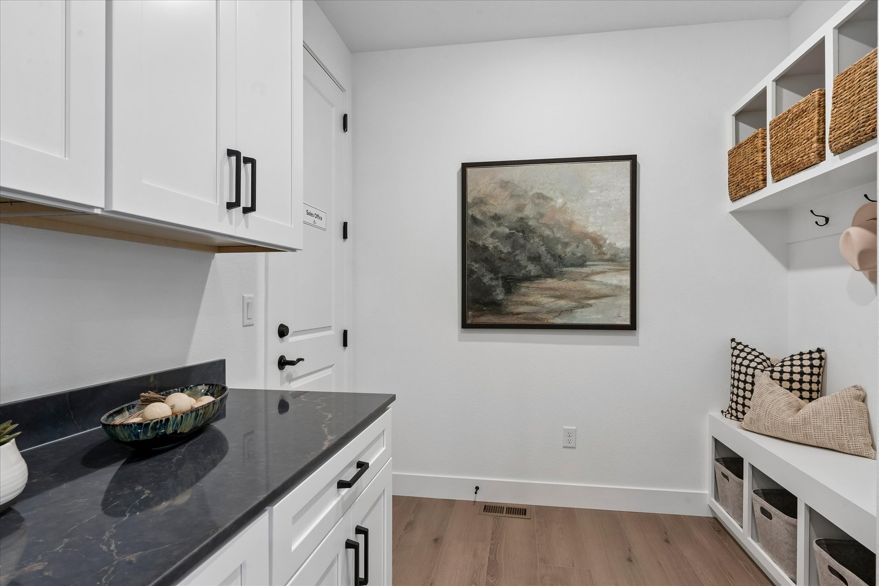 A kitchen with white cabinets.