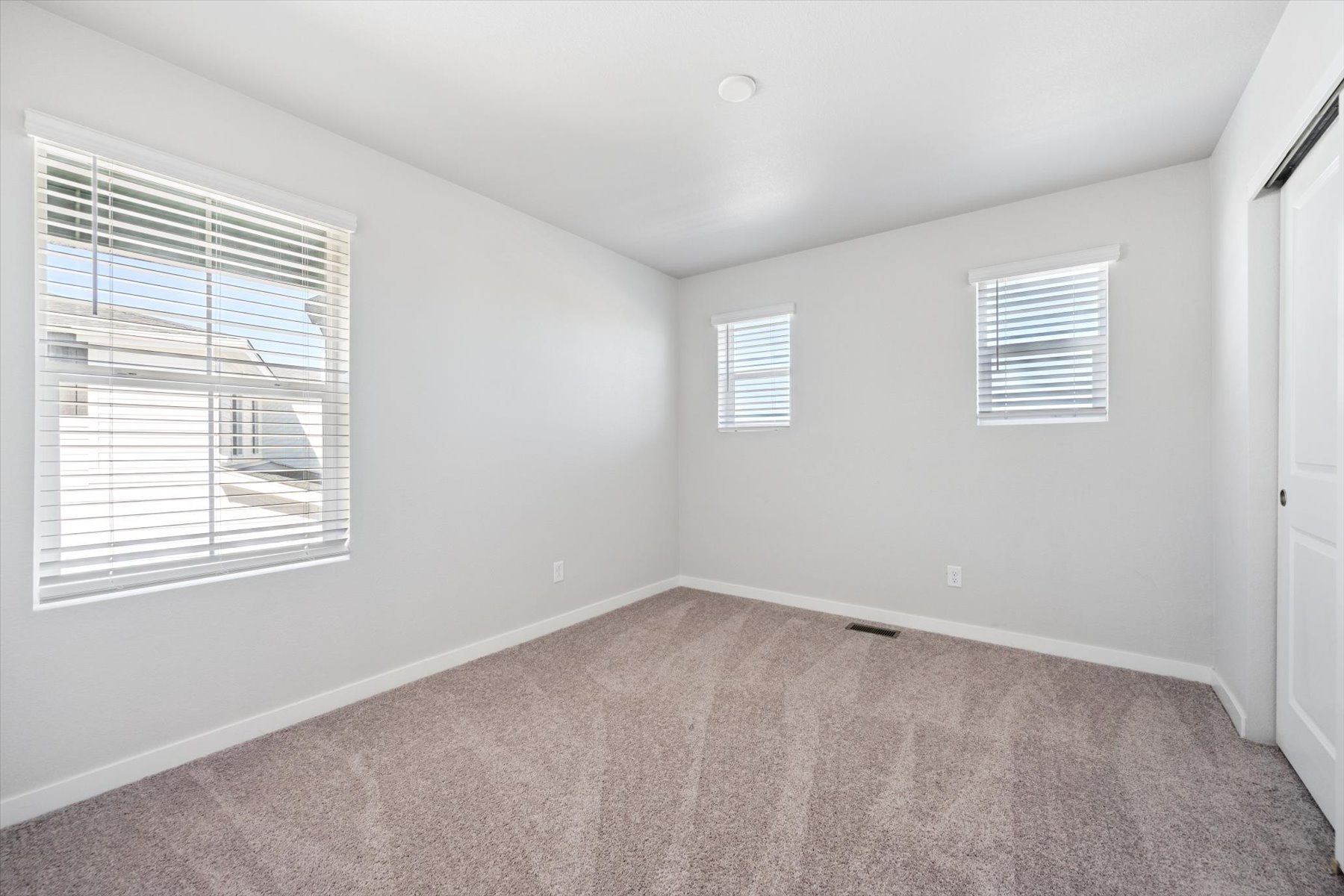 A room with a carpet and windows.