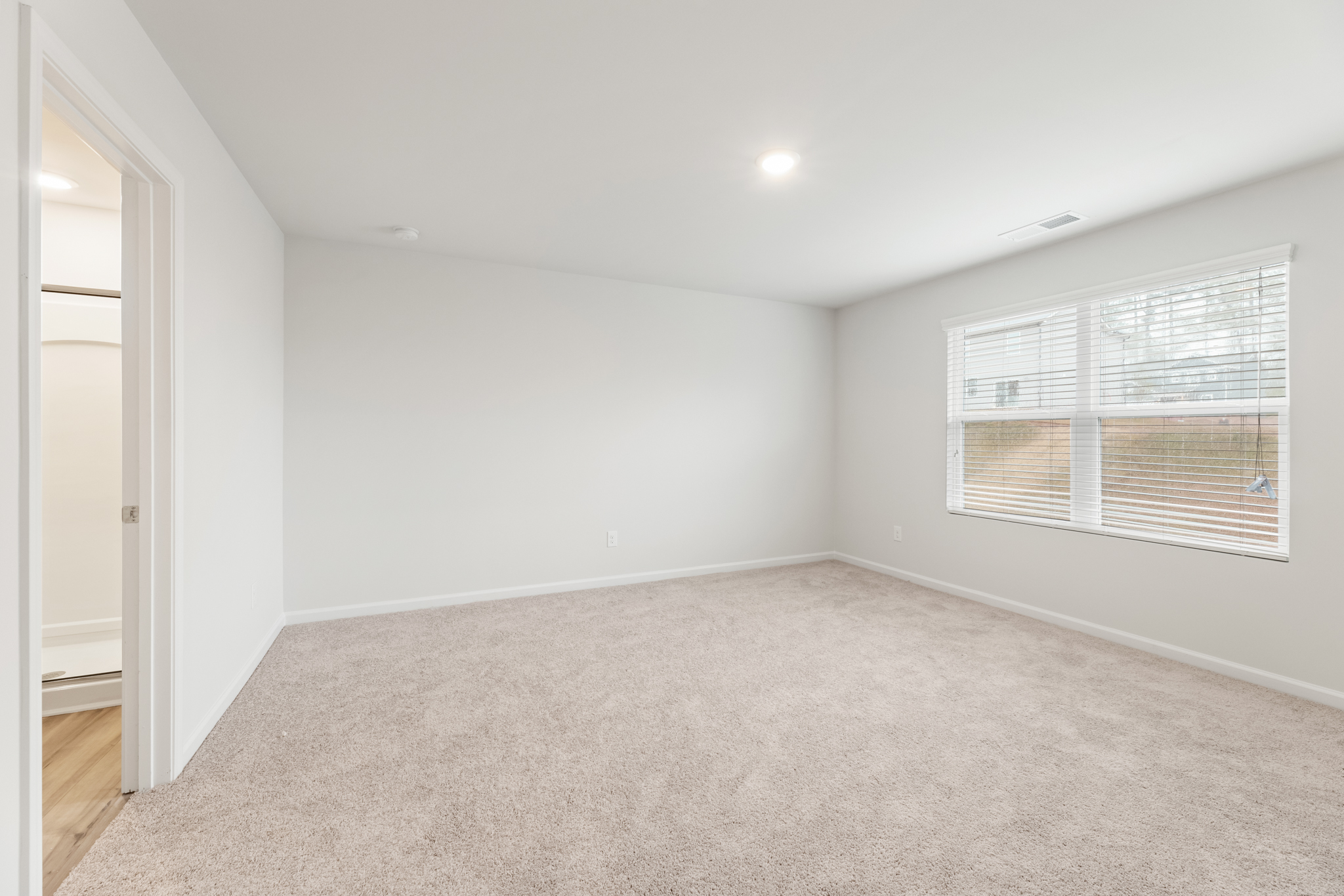 A room with a carpet and a window.