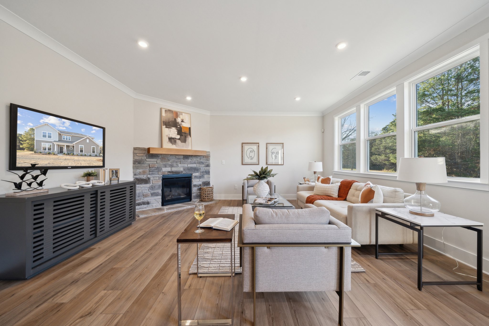 A living room with a fireplace.