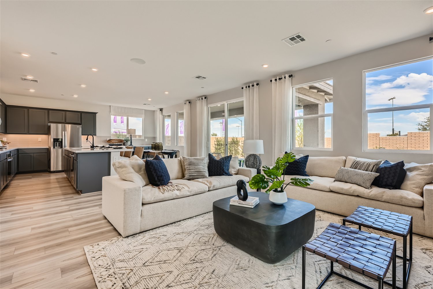 A living room with a large window.