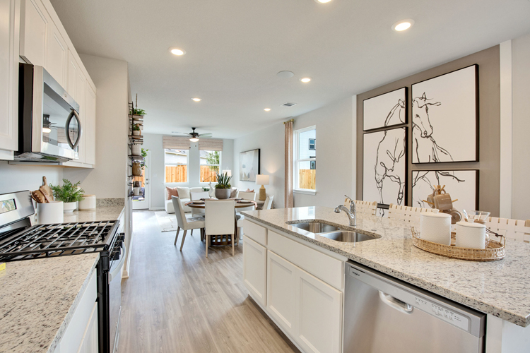 A kitchen with a large island.