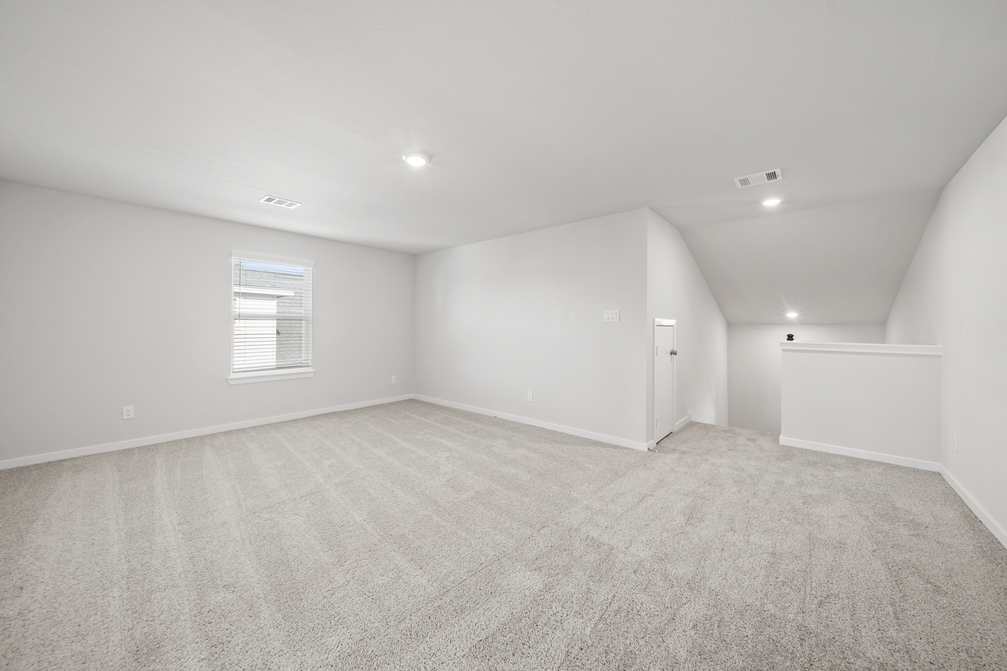 A room with a carpet and a door.