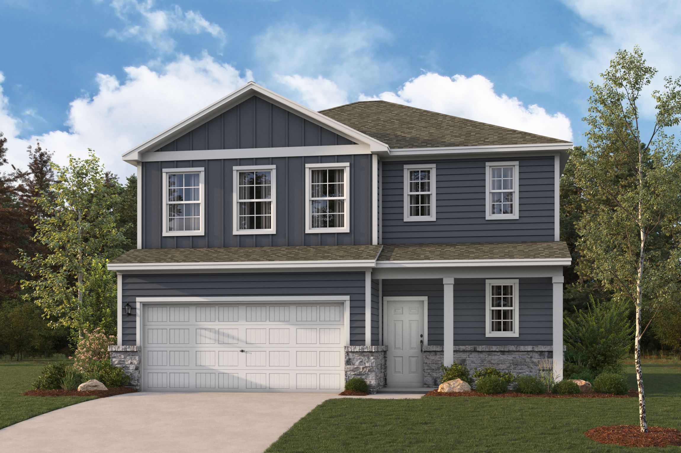 A grey house with a garage.