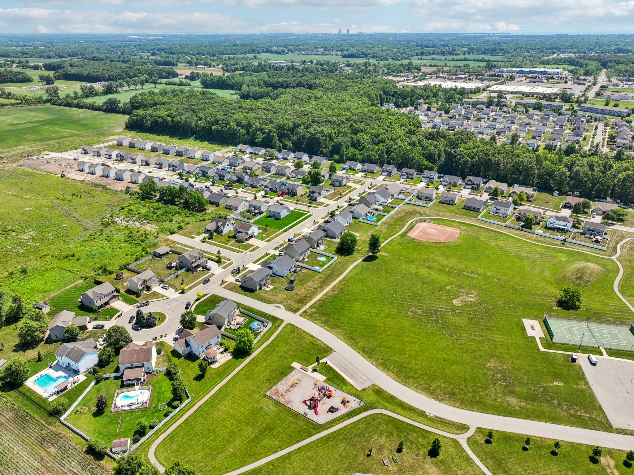 An aerial view of a small town.