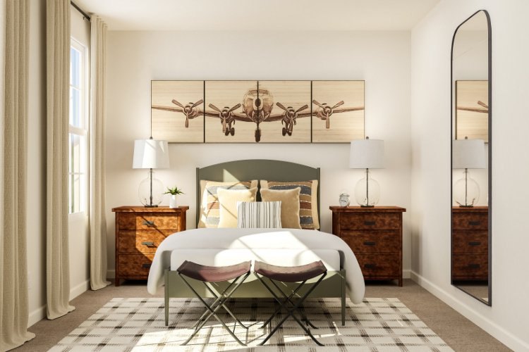 A room with a bed and a table.