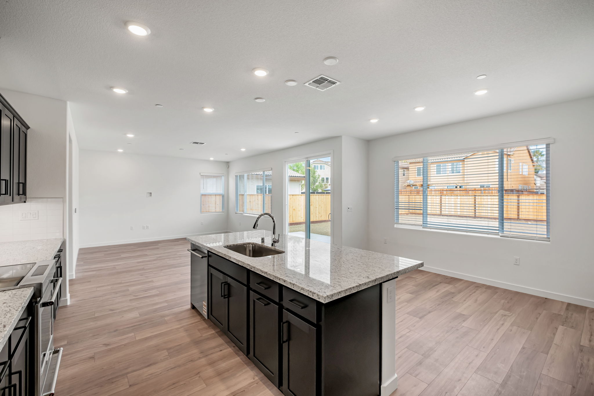 A kitchen with a large island.